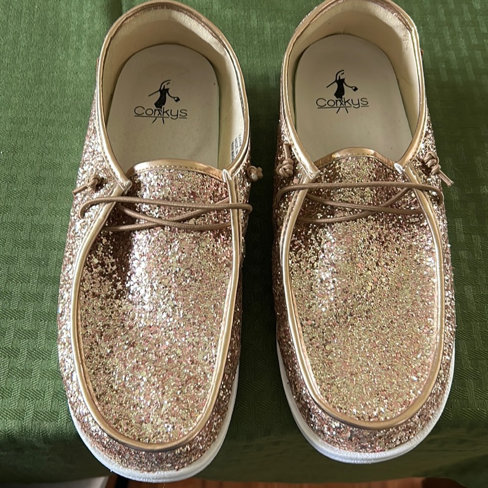 Corey’s rose gold glitter shoes
